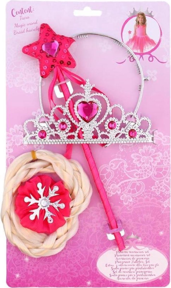 Prinsessen Accessoireset | Toverstaf + Kroon + Elsa Haar Vlecht | Frozen Haar Vlecht - 3 delig Roze
